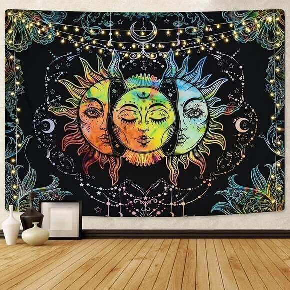 Psychedelic Burning Sun Moon Stars Tapestry Mandala Living Room Bedroom Dorm NWT - Picture 3 of 7